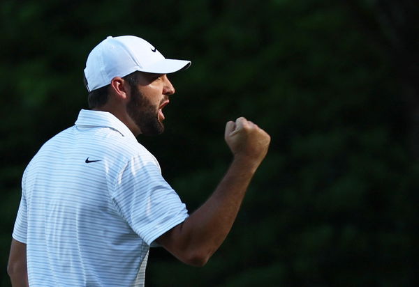 Scheffler reacts to his eagle on the 13th