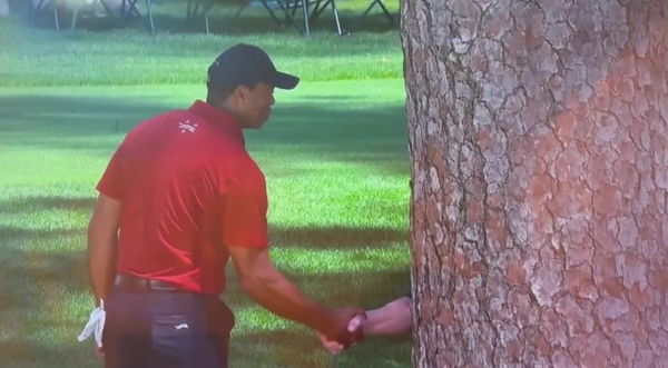 Tiger Woods shakes Verne Lundquist's hand