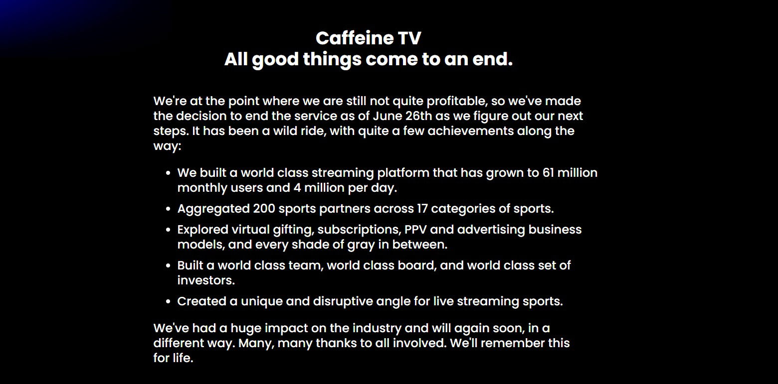 Caffeine TV confirmed it has now shut down