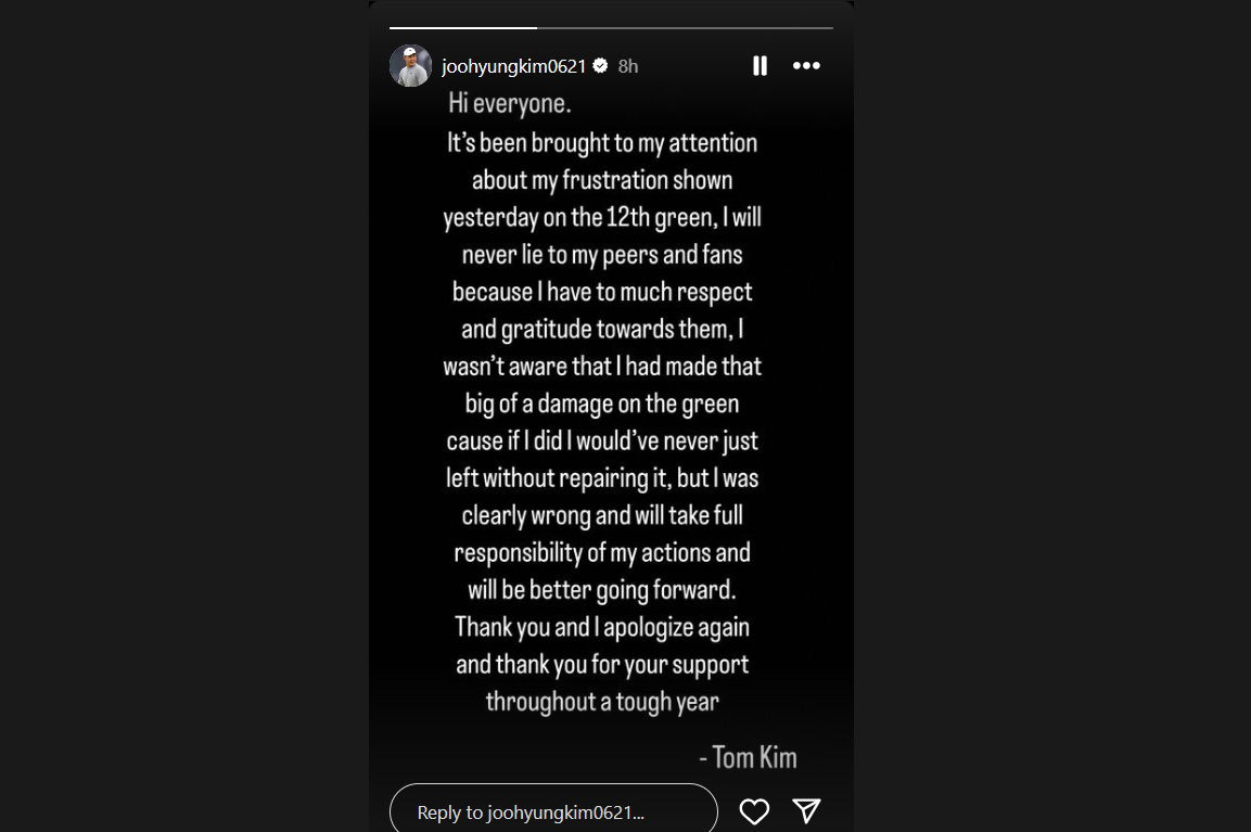Kim's note of apology for damaging the 12th green