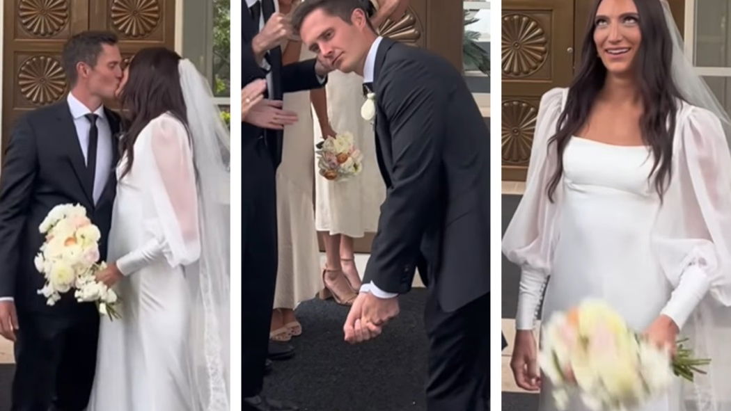 Husband hits practice swing in front of wife