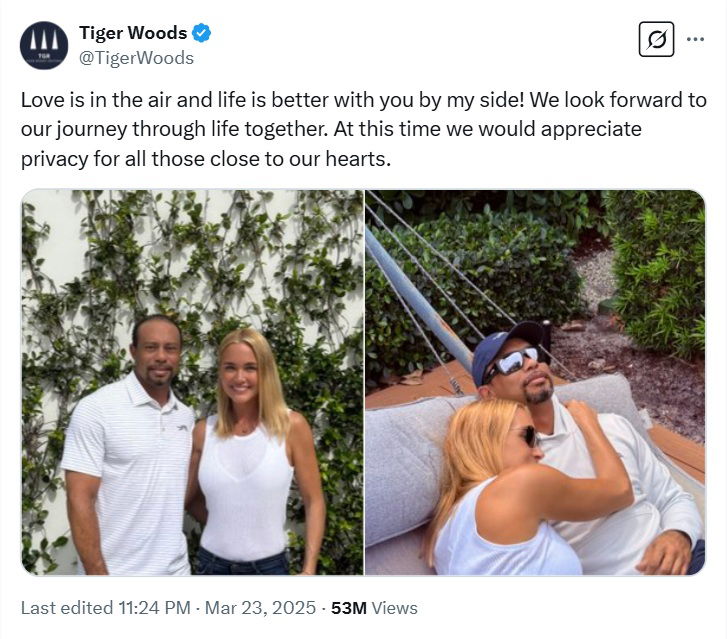 Woods confirmed his relationship with Vanessa