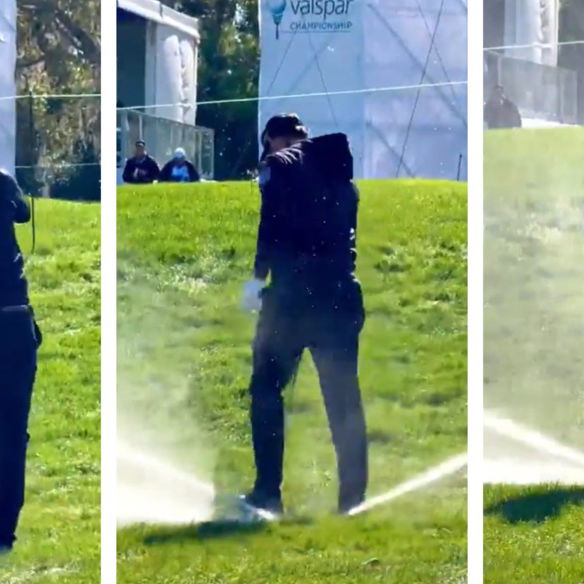 Adam Hadwin set a sprinkler head off
