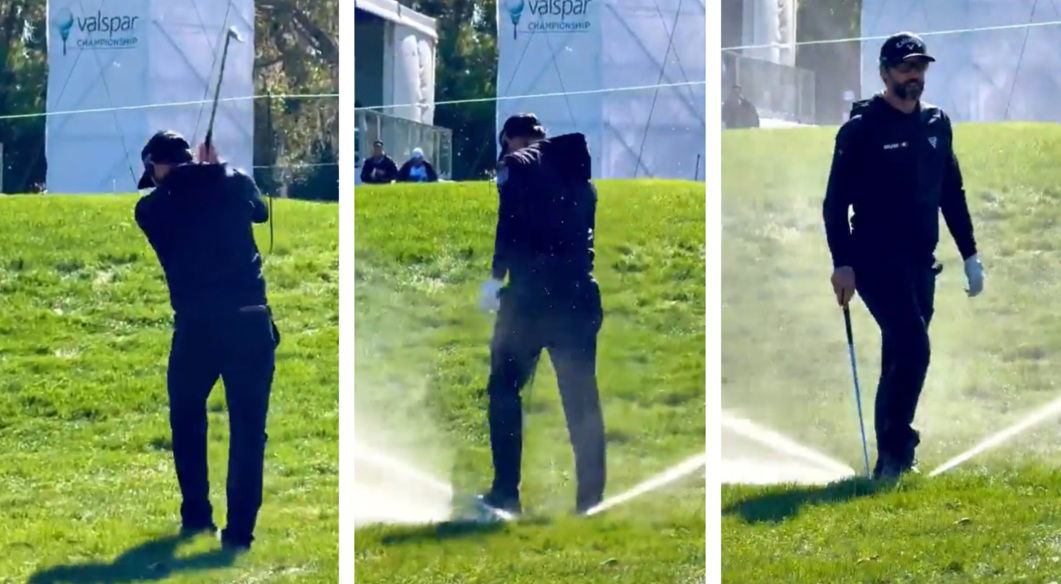 Adam Hadwin set a sprinkler head off