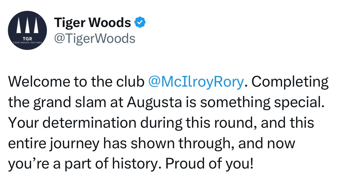 Woods' congratulatory message to McIlroy