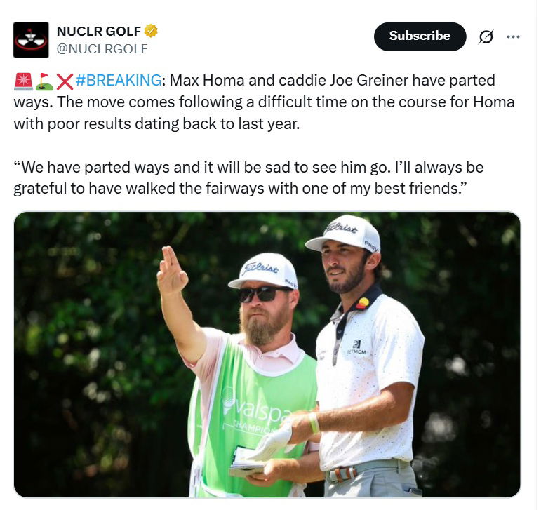 Max Homa splits with Joe Greiner