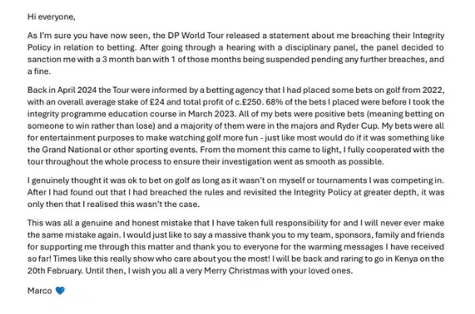 Marco Penge's statement on X / Twitter