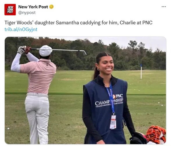 Samantha caddied for Woods at the PNC