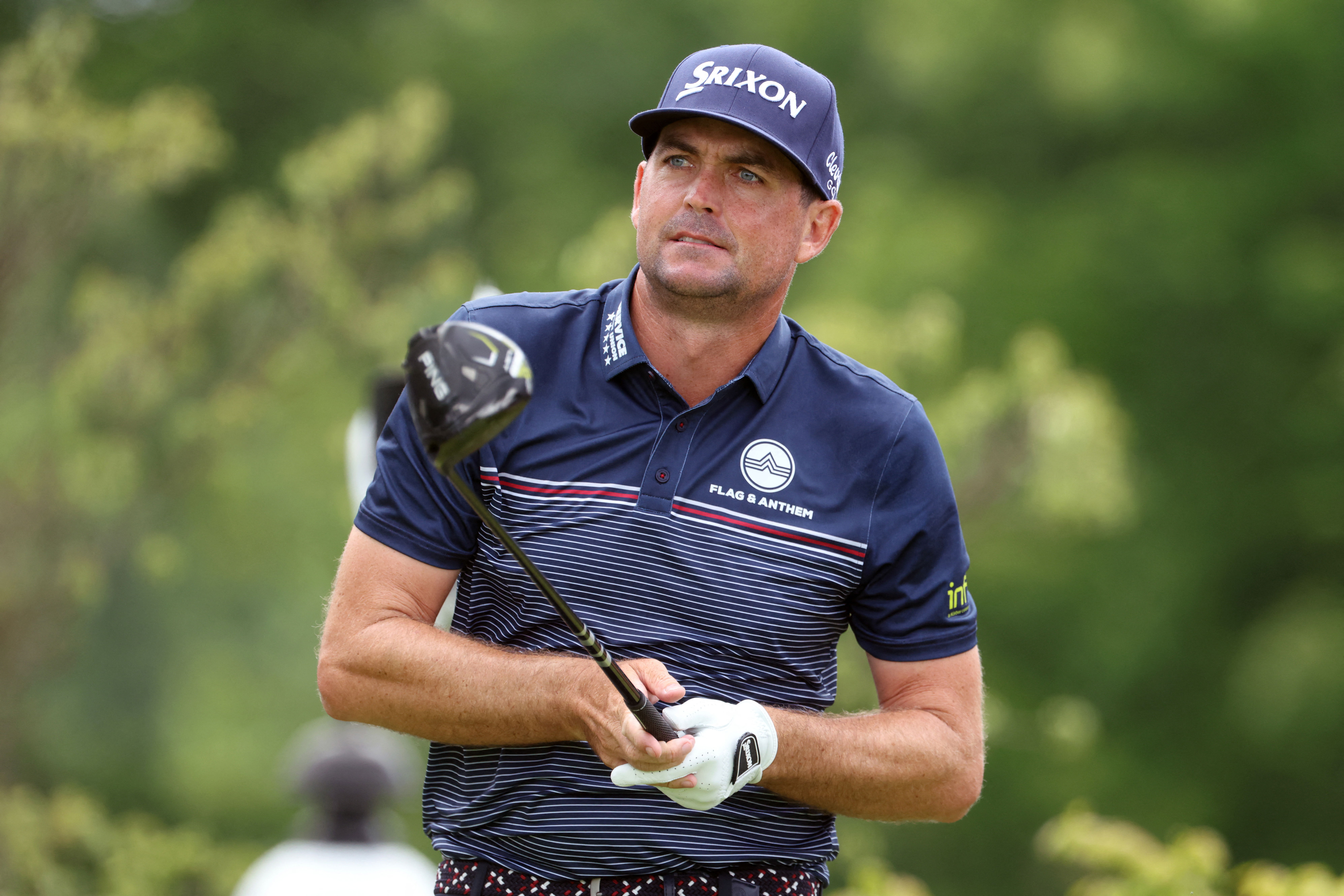 Keegan Bradley plays his shot from the first tee during the final round of the U.S. Open golf tournament