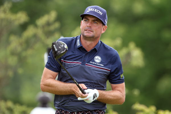 Keegan Bradley plays his shot from the first tee during the final round of the U.S. Open golf tournament