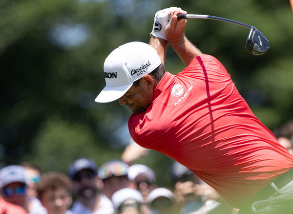 Keegan Bradley plays a shot during the final round of the Travelers Championship golf tournament