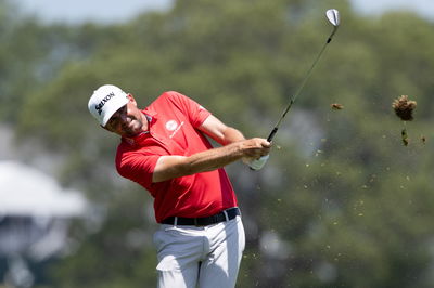 Keegan Bradley plays a shot on the second hole during the final round of the Travelers Championship golf tournament