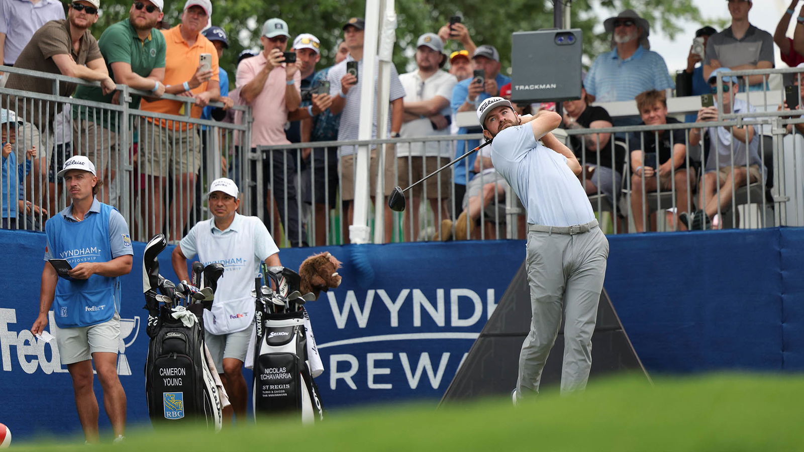 Cameron Young tees off during the final round of the Wyndham Championship