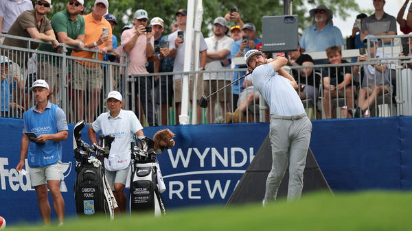 Cameron Young tees off during the final round of the Wyndham Championship