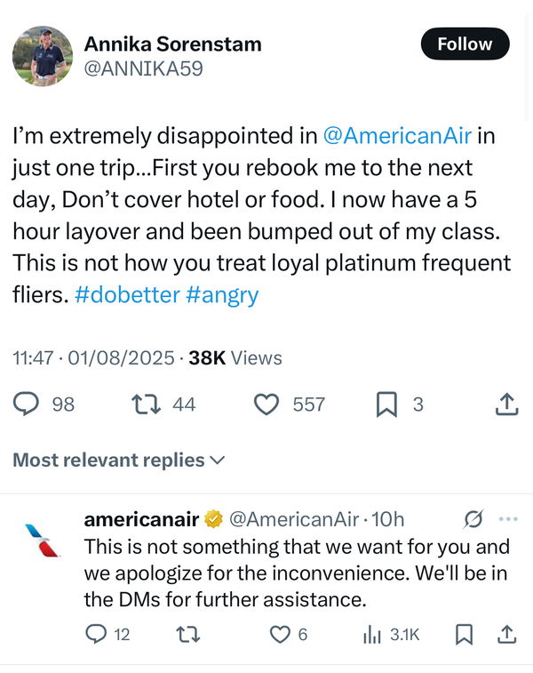 Sorenstam was fuming with American Airlines