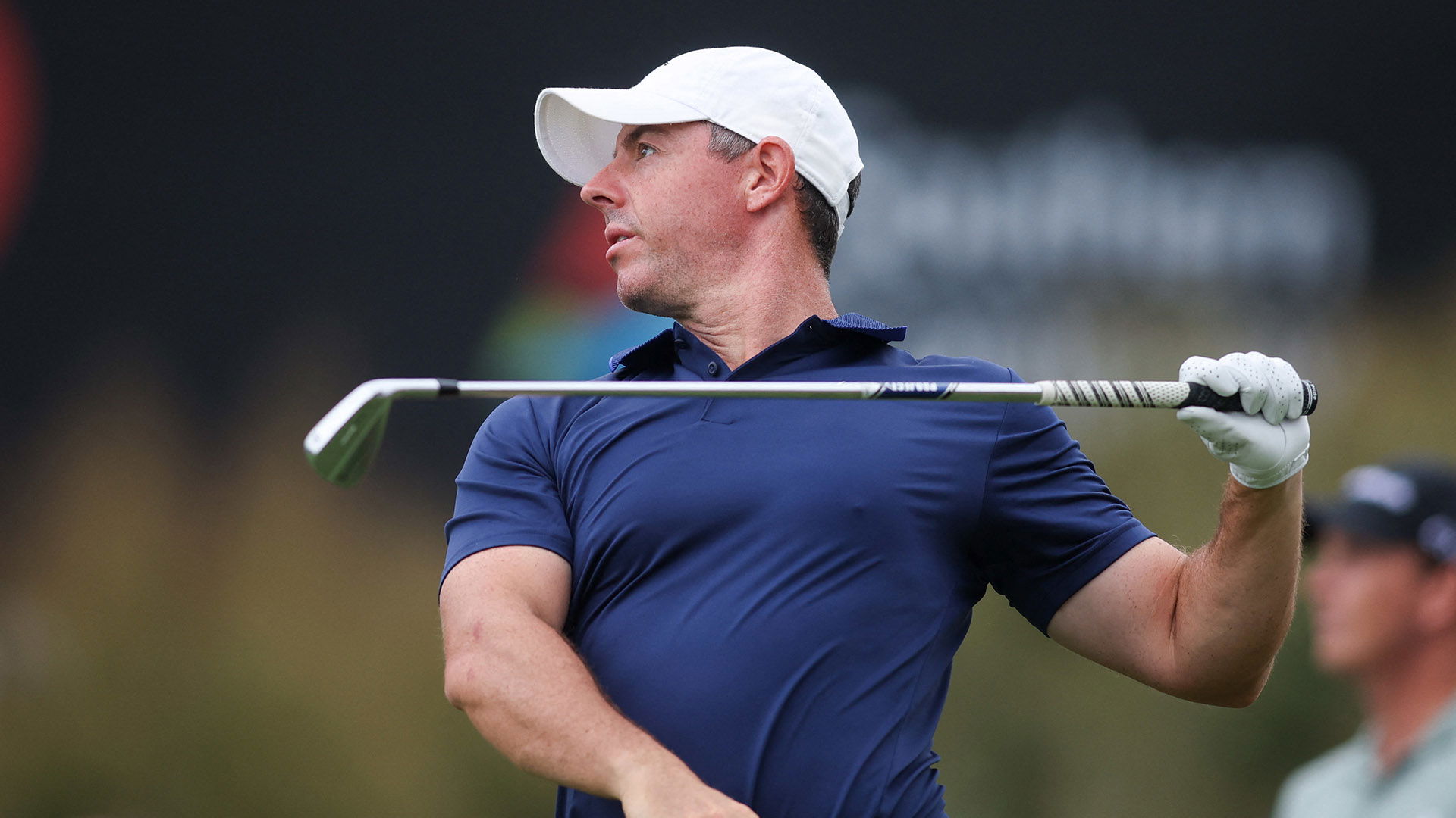 Rory McIlroy plays his shot from the ninth tee during the second round of the TOUR Championship golf tournament