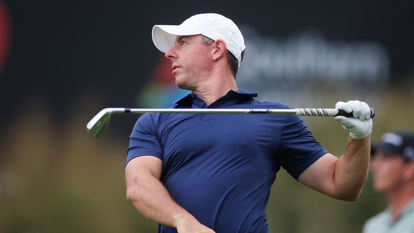 Rory McIlroy plays his shot from the ninth tee during the second round of the TOUR Championship golf tournament