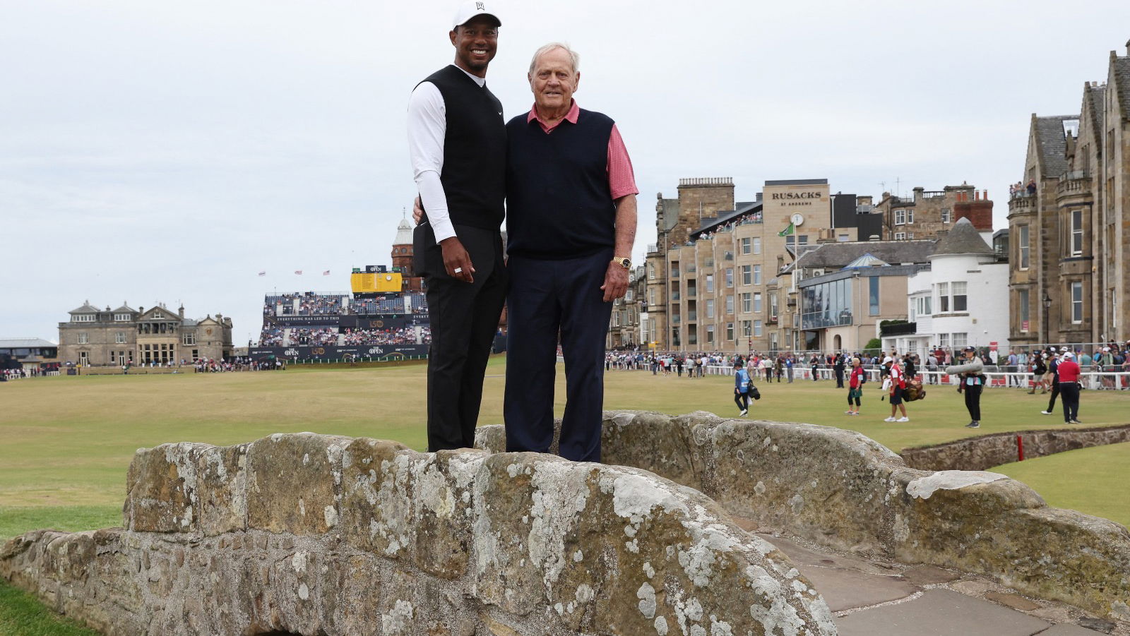 Tiger Woods with Jack Nicklaus on the Swilcan Bridge