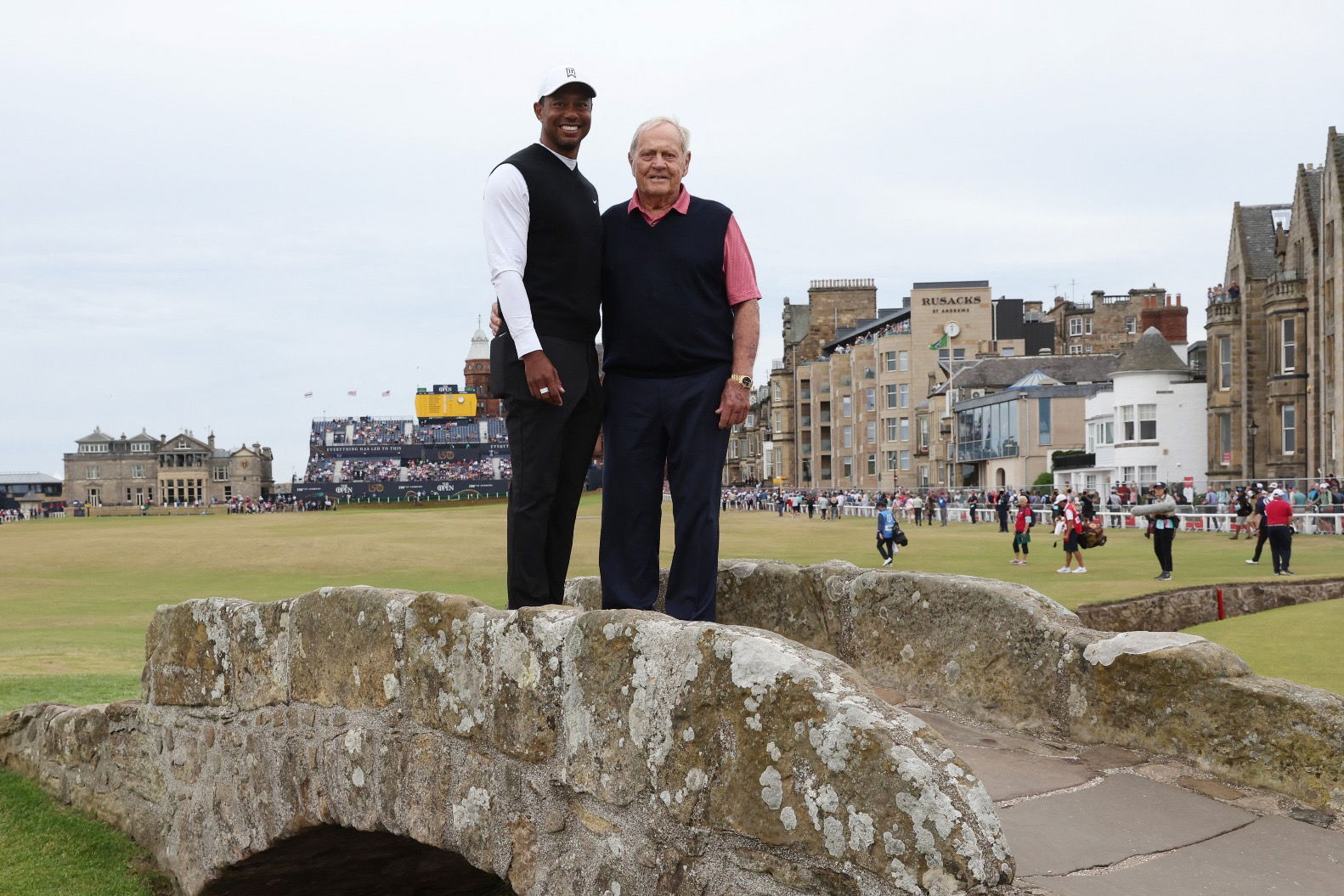 Tiger Woods with Jack Nicklaus on the Swilcan Bridge