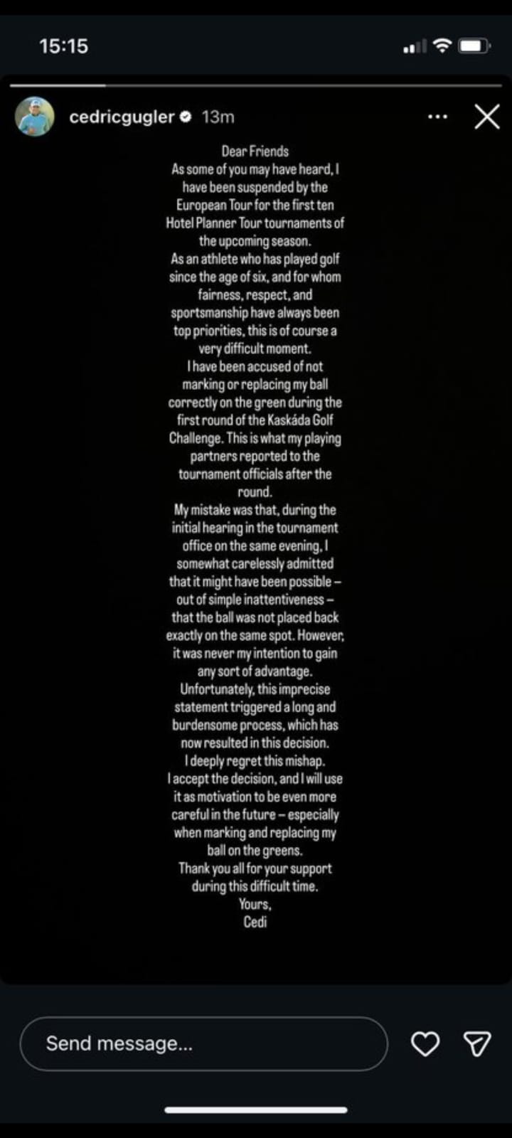Gugler's statement he posted on his Instagram page