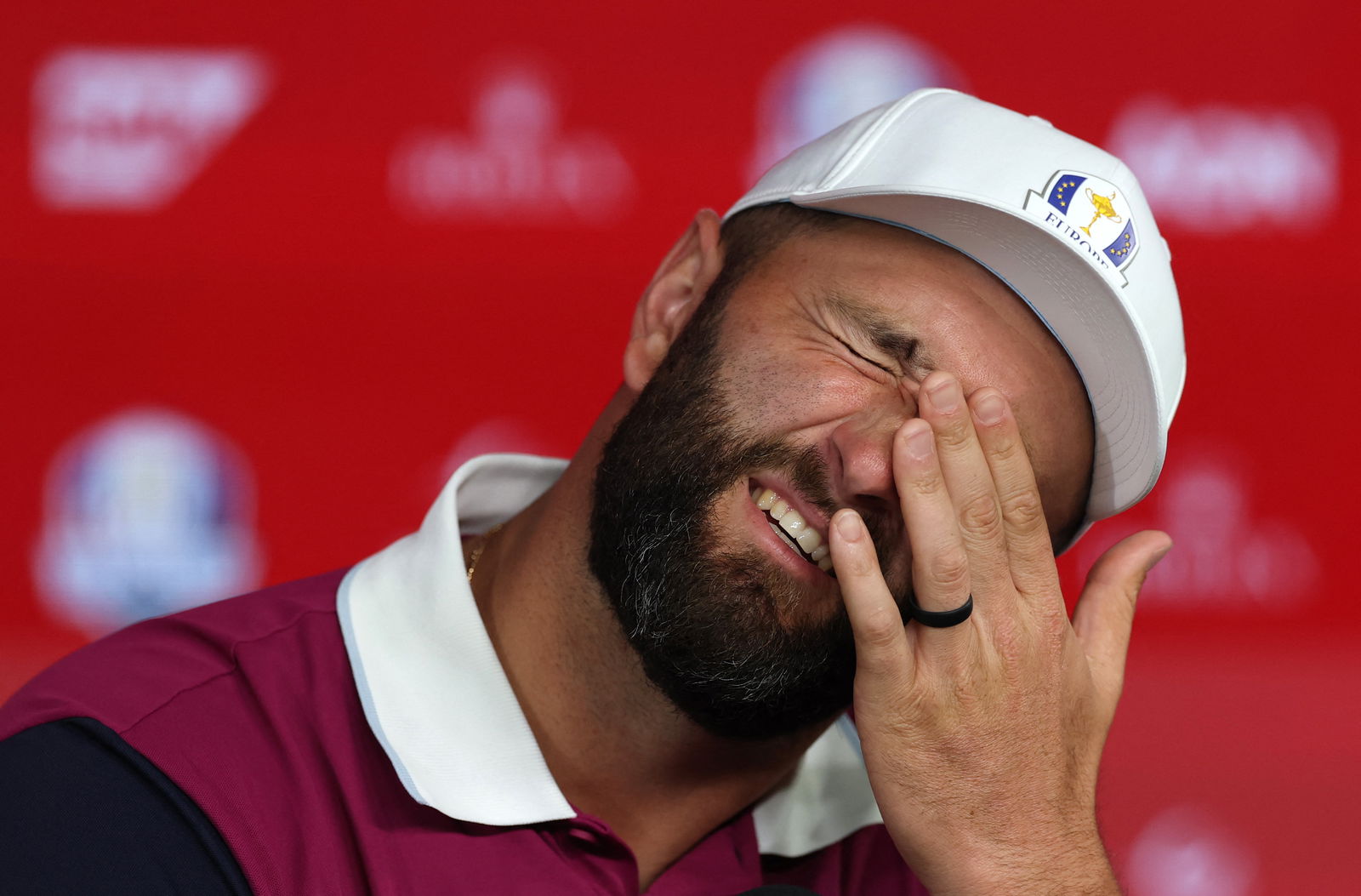 Jon Rahm speaks to reporters before the 2025 Ryder Cup