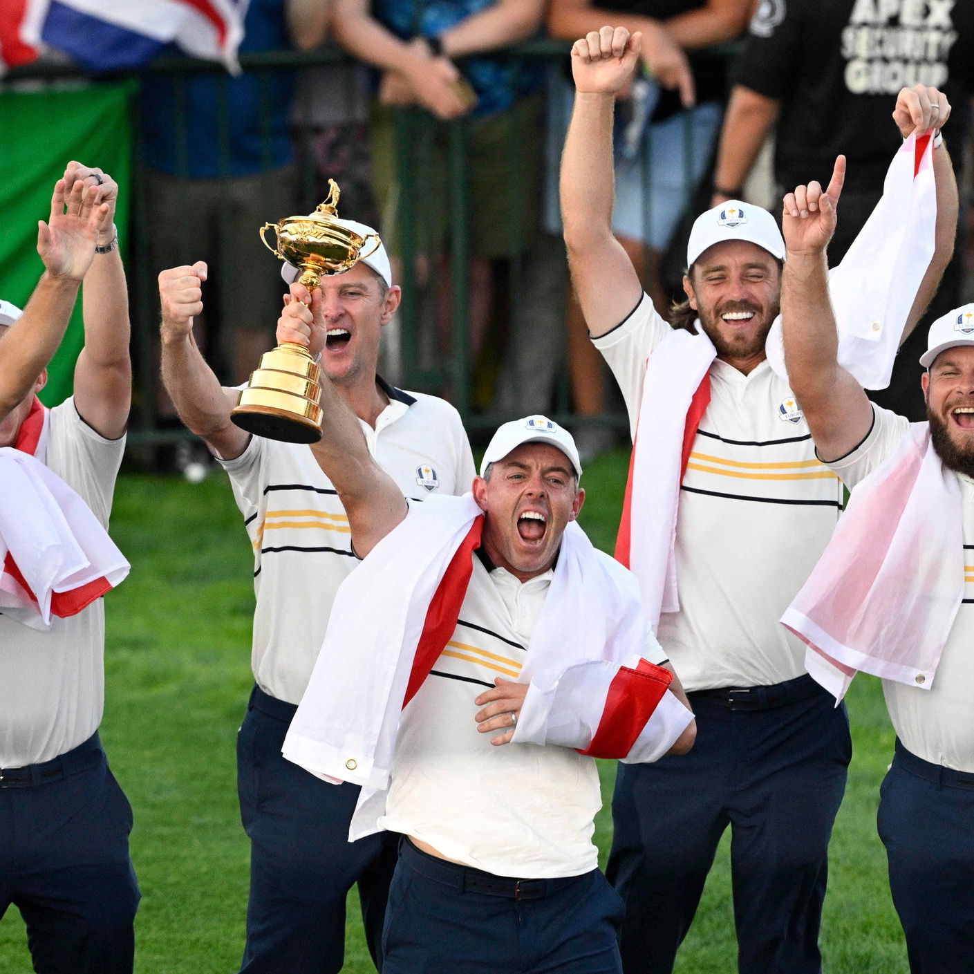 Rory McIlroy celebrates winning the Ryder Cup in September