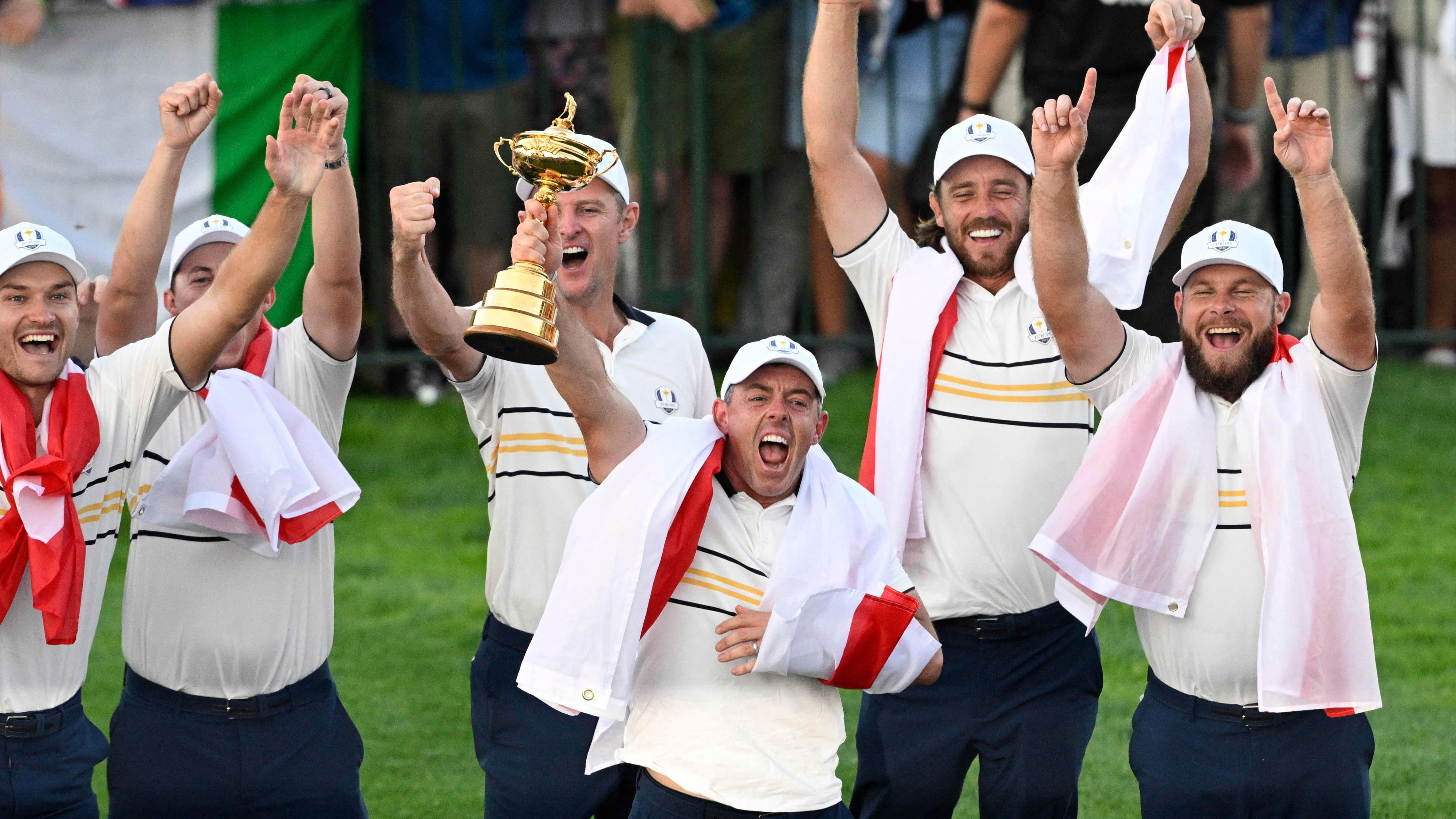 Rory McIlroy celebrates winning the Ryder Cup in September