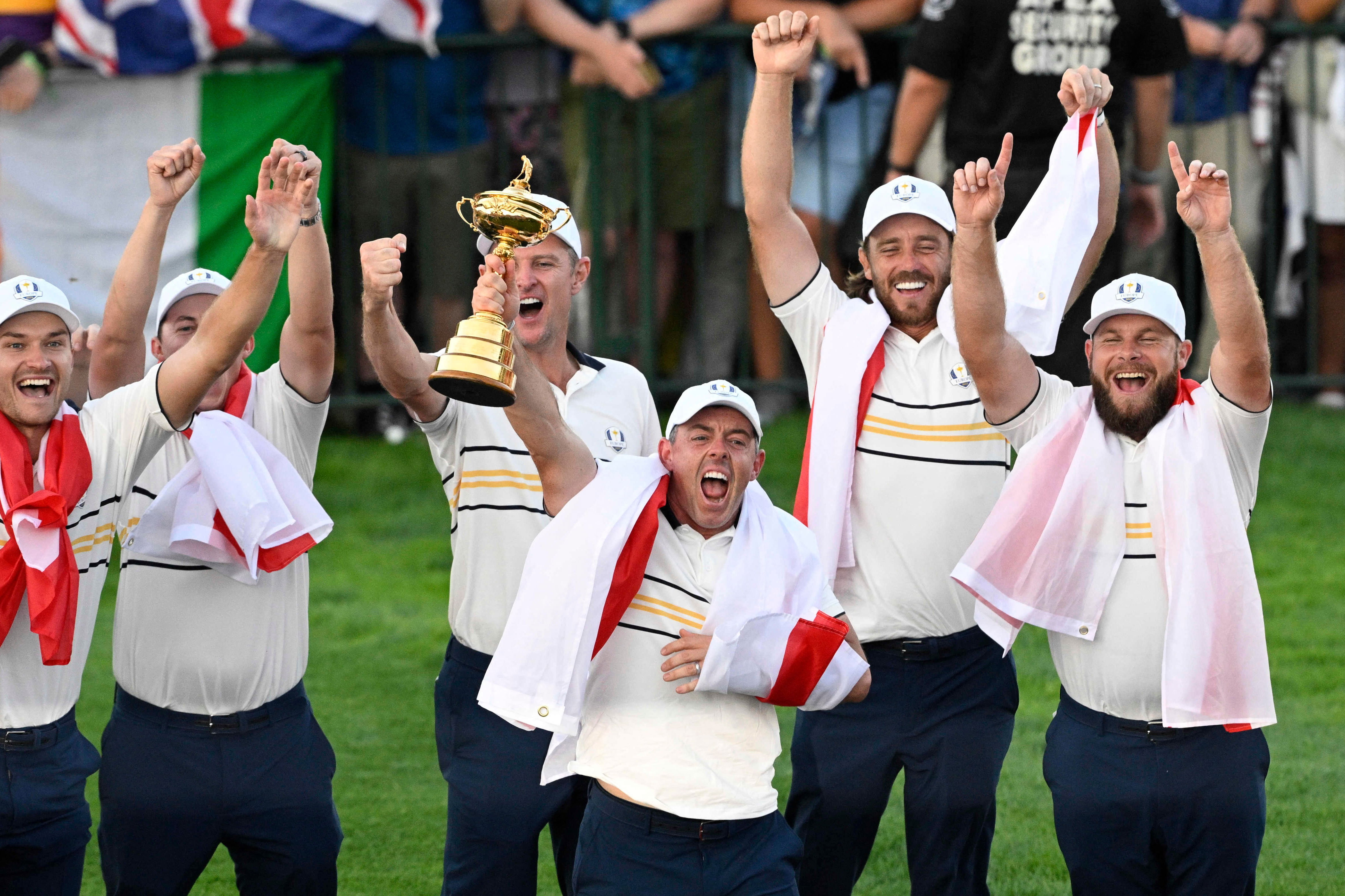 Rory McIlroy celebrates winning the Ryder Cup in September