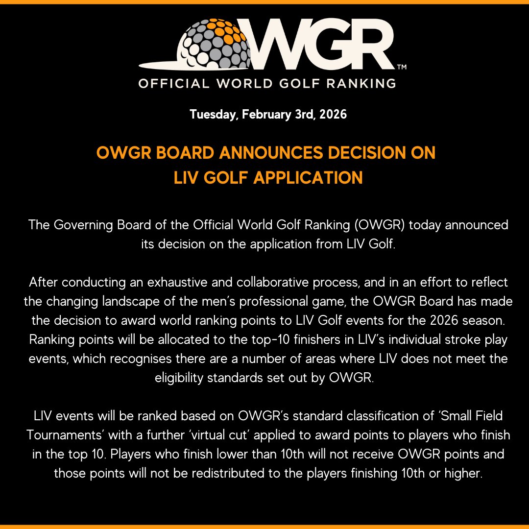 The OWGR released a statement on their decision to award LIV Golf points