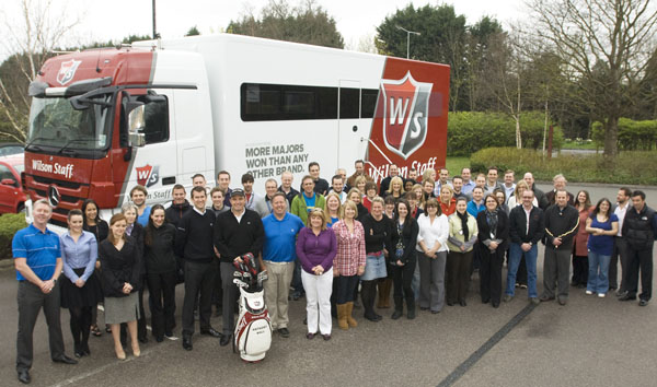 Wilson Staff Tour player Anthony Wall (centre with his bag) was among those at Amer Sports who celebrated the launch of the new Tour van at their Frimley headquarters