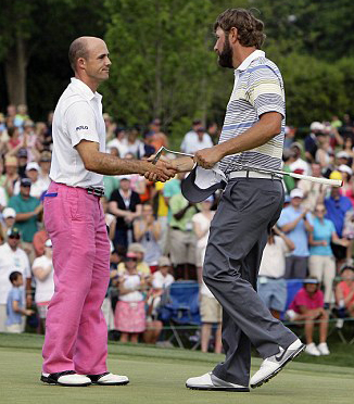 Byrd congratulates his former college buddy on his win at the 73rd hole