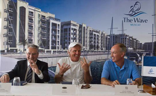 Greg Norman answers questions from the Oman media with Michael Lenarduzzi, CEO of The Wave Muscat (left) and Christopher May, General Manager of Dubai Golf