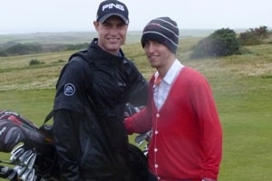 Rhys (left) and Andy Roberts set off in the rain