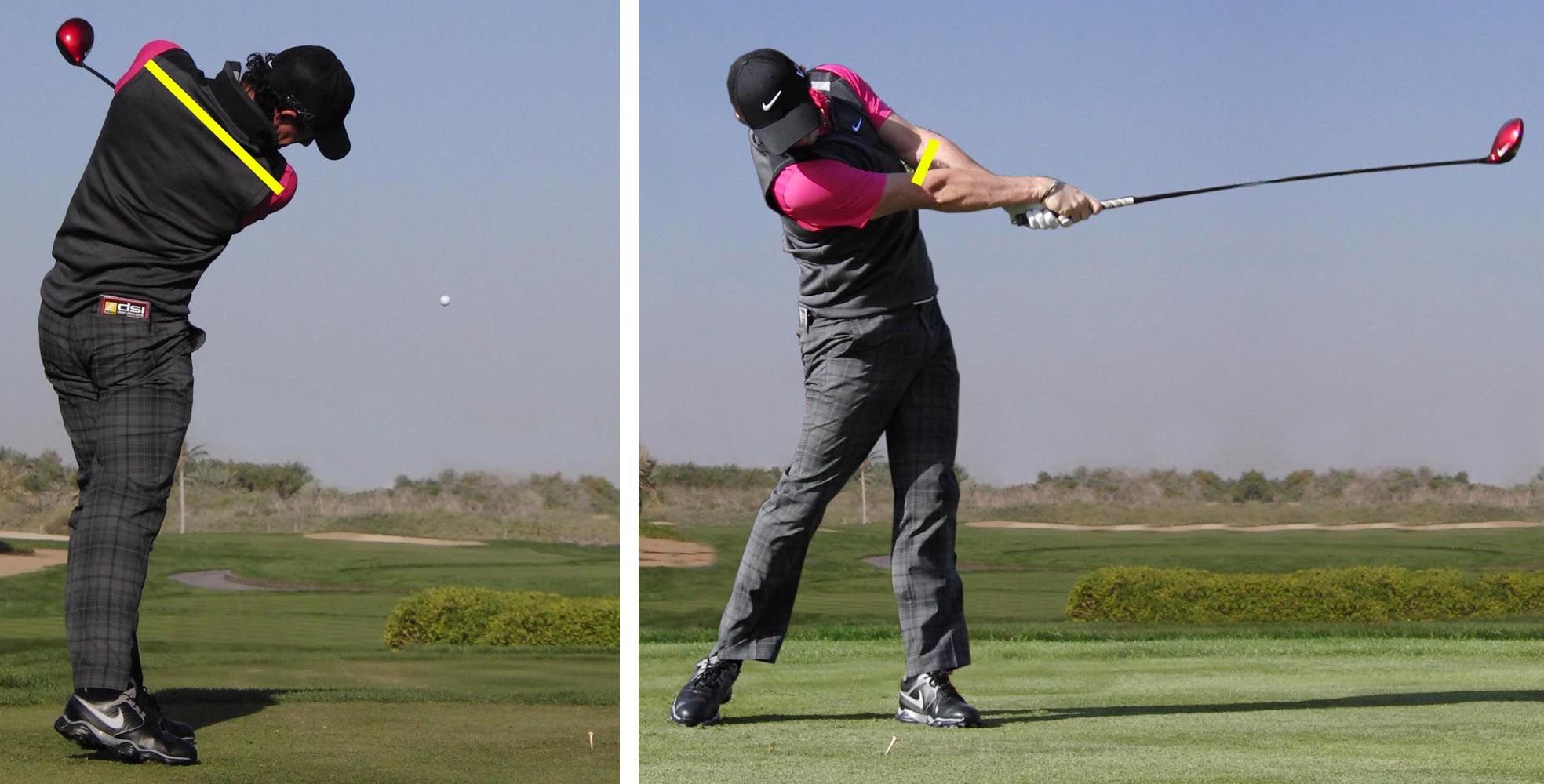 90 degree shoulder turn from impact while elbows are almost touching on the exit