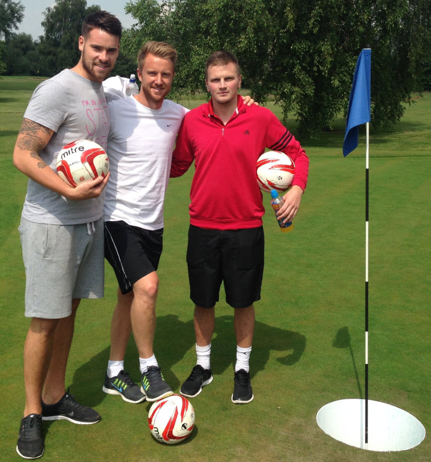 MK Dons past and present try FootGolf at Abbey Hill Golf Centre. (L-R) Ian McLoughlin, Dean Bowditch, Stephen Gleeson