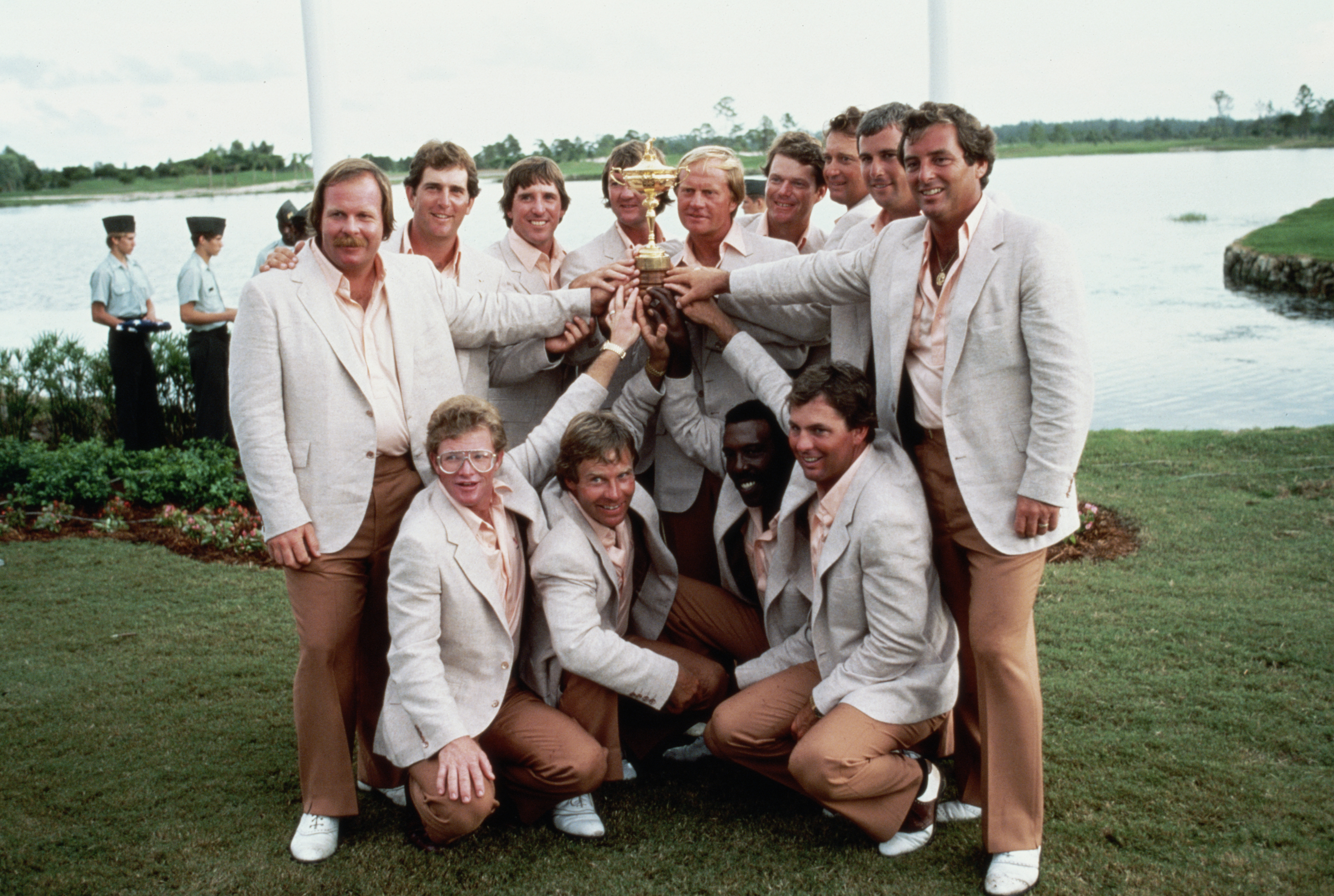 Jack Nicklaus and his team pose with the Ryder cup trophy in 1983 (Photo: Getty Images)