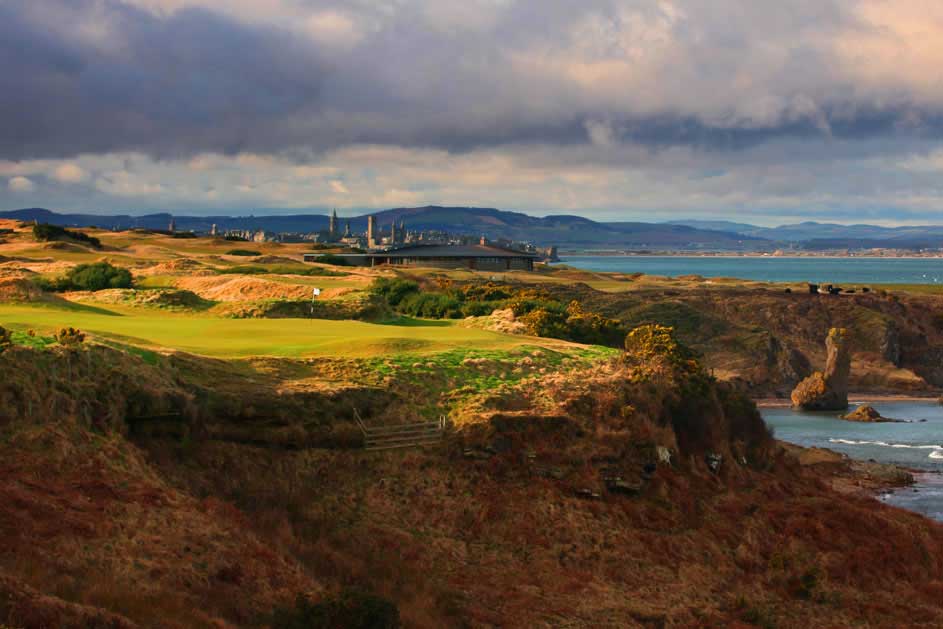 The signature par-three 17th at the Castle Course with the Auld Grey Toon in the background