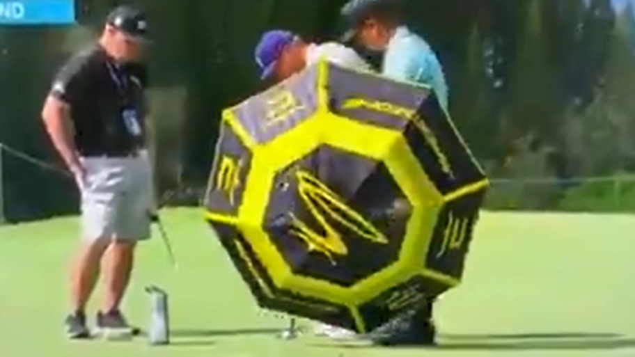 Social media reacts to Bryson DeChambeau putting in front of an UMBRELLA!