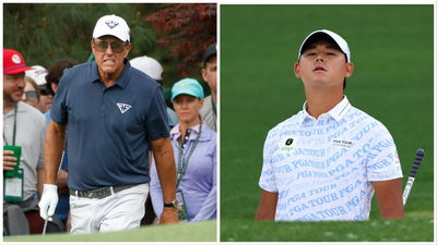 Si Woo Kim wears very loud PGA Tour shirt in front of Phil Mickelson at Masters