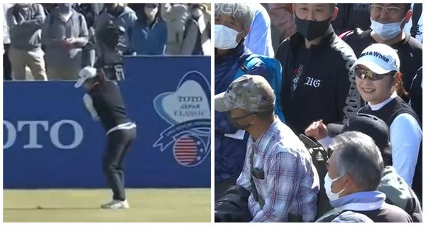 WATCH: LPGA Tour pro hits WAYWARD tee shot that lands in spectator's bag