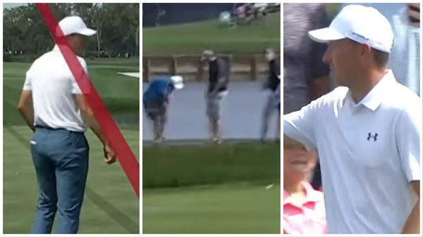 Golf fan takes it on the KNEE to ensure Jordan Spieth avoids water and makes cut