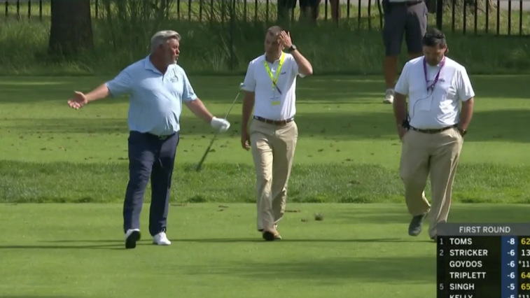 WATCH: Darren Clarke FLIPS at official as caddie removes a BIRDHOUSE!