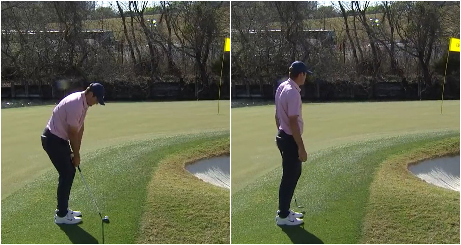 WATCH: Scottie Scheffler misses spot, chips into the bunker, then holes out!