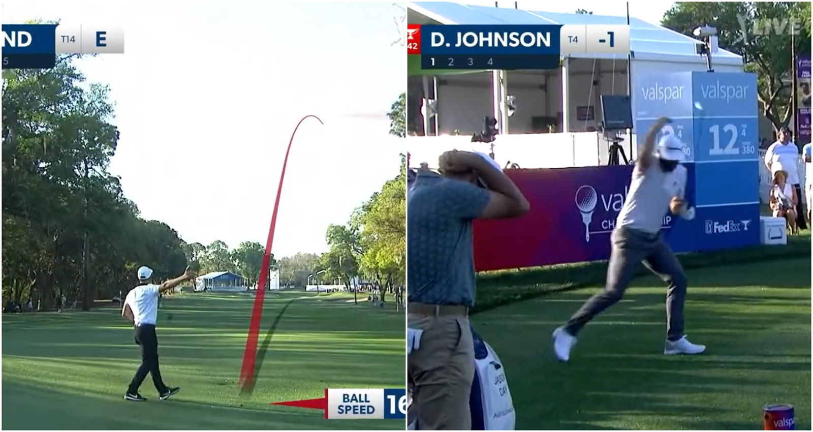 WATCH: Viktor Hovland has Dustin Johnson DUCKING FOR COVER after rogue shot