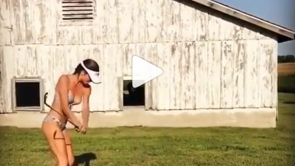Lady golfer chips through window, rips drive in heels, performs awesome trick shot