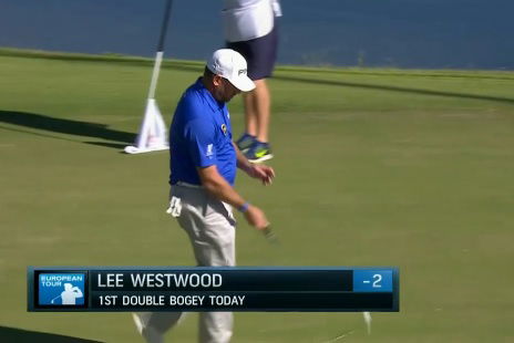 lee westwood whiffs ball as sends it into water