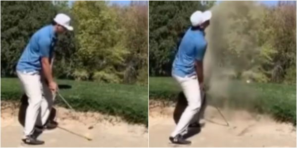 WATCH: Player gets SMASHED IN THE FACE as he attempts a routine bunker shot