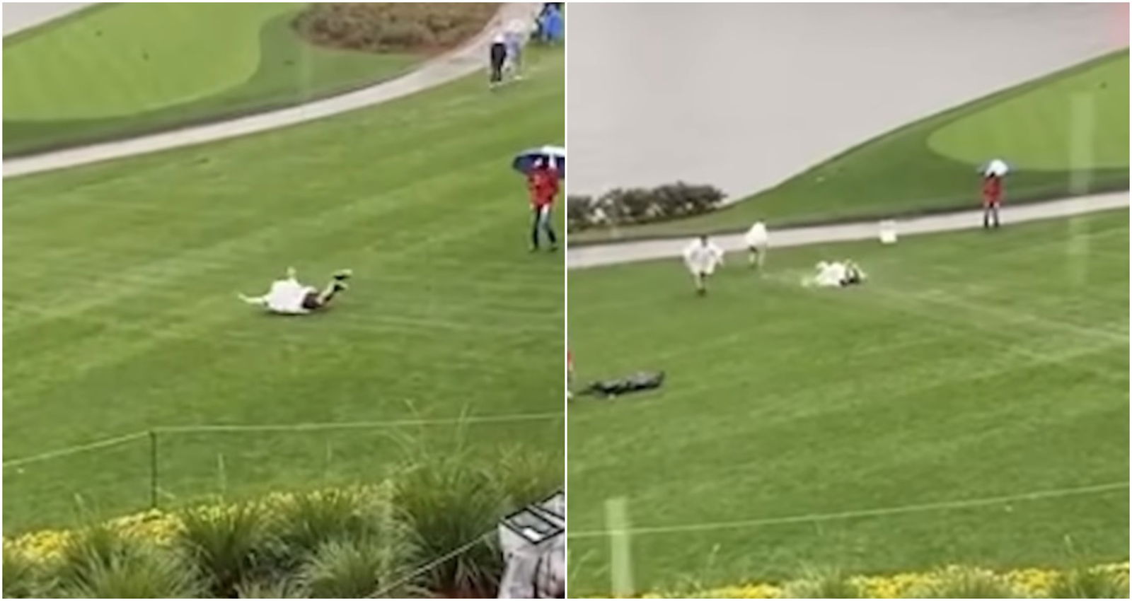 WATCH: Fans at TPC Sawgrass belly slide in the rain at iconic 17th hole