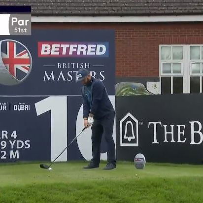 Andy Sullivan drives the green over water during British Masters first round