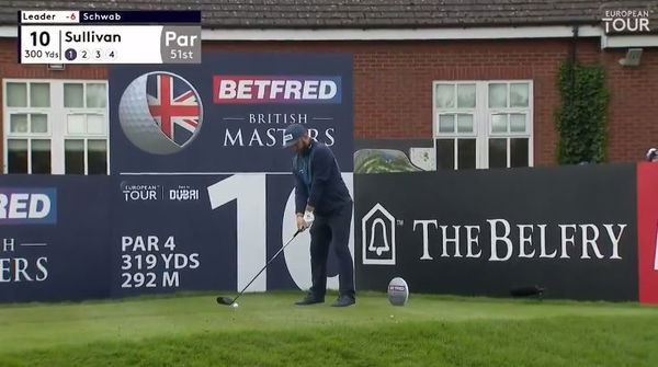 Andy Sullivan drives the green over water during British Masters first round